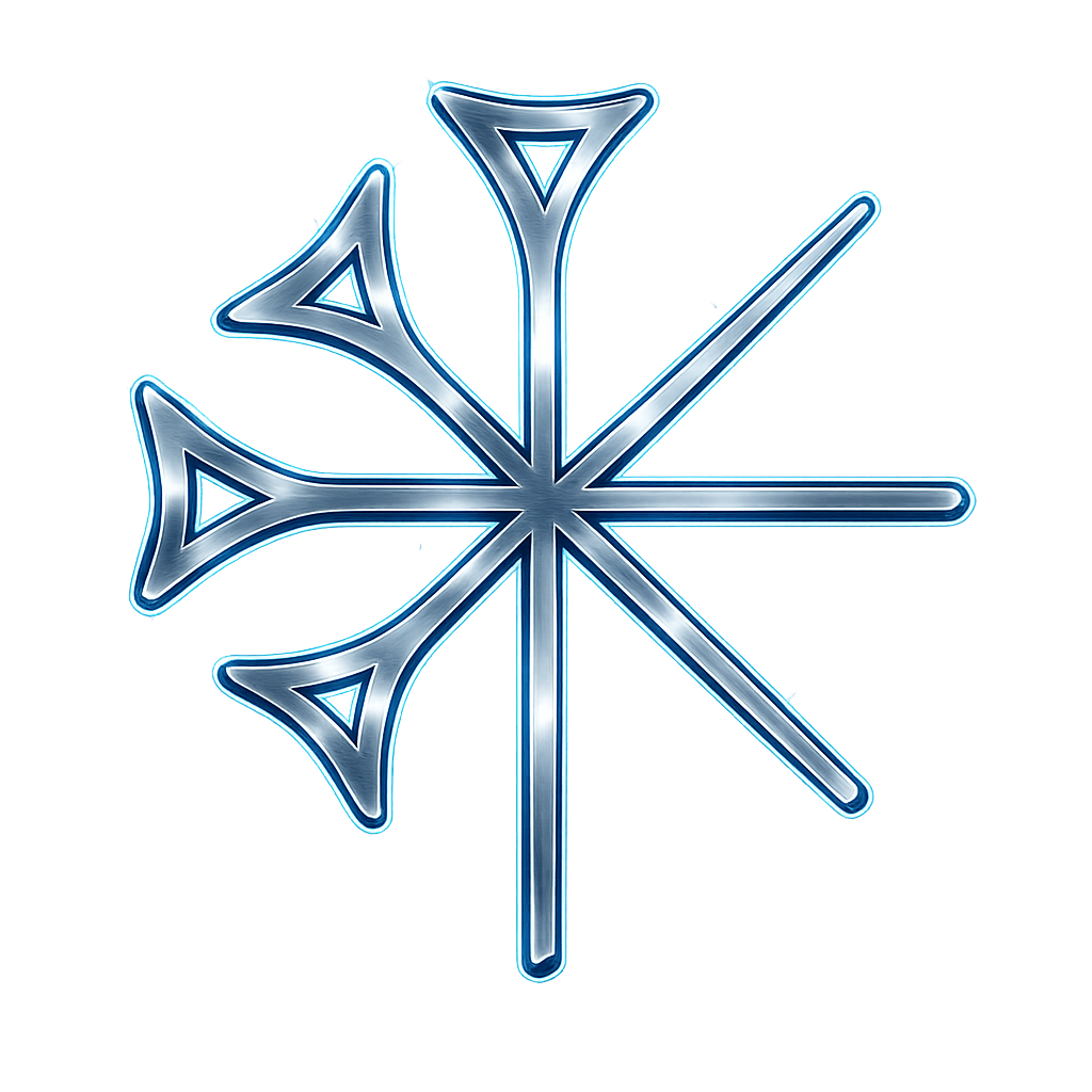A stylized blue glowing snowflake or star-shaped symbol on a dark background.